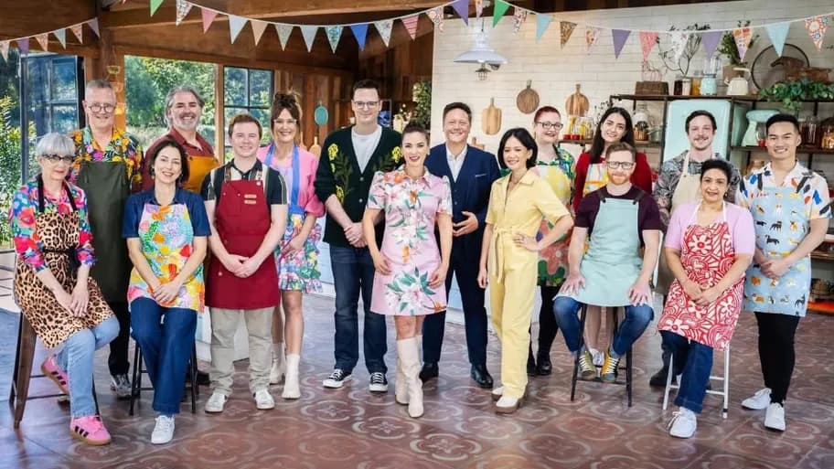 The bakers, hosts and judges of The Great Australian Bake Off season 9 together on set